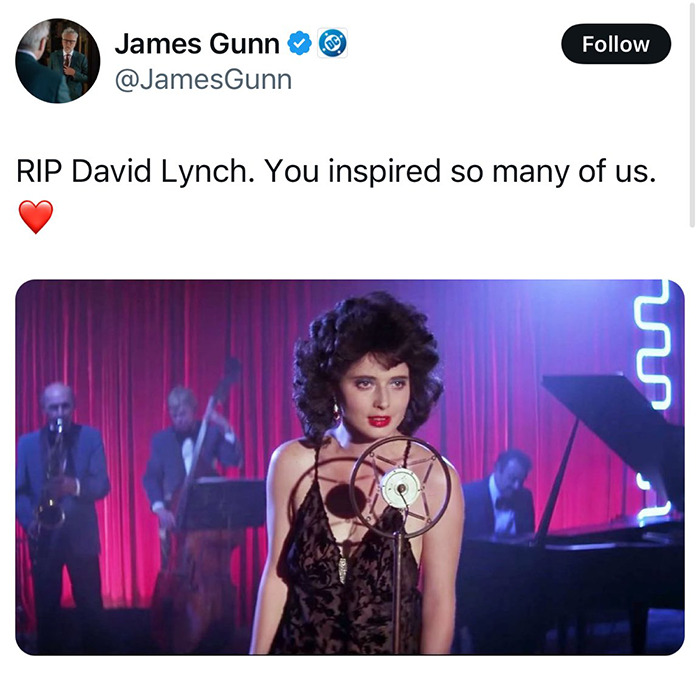 Tributes from Hollywood mourn David Lynch, featuring a scene from his iconic film.