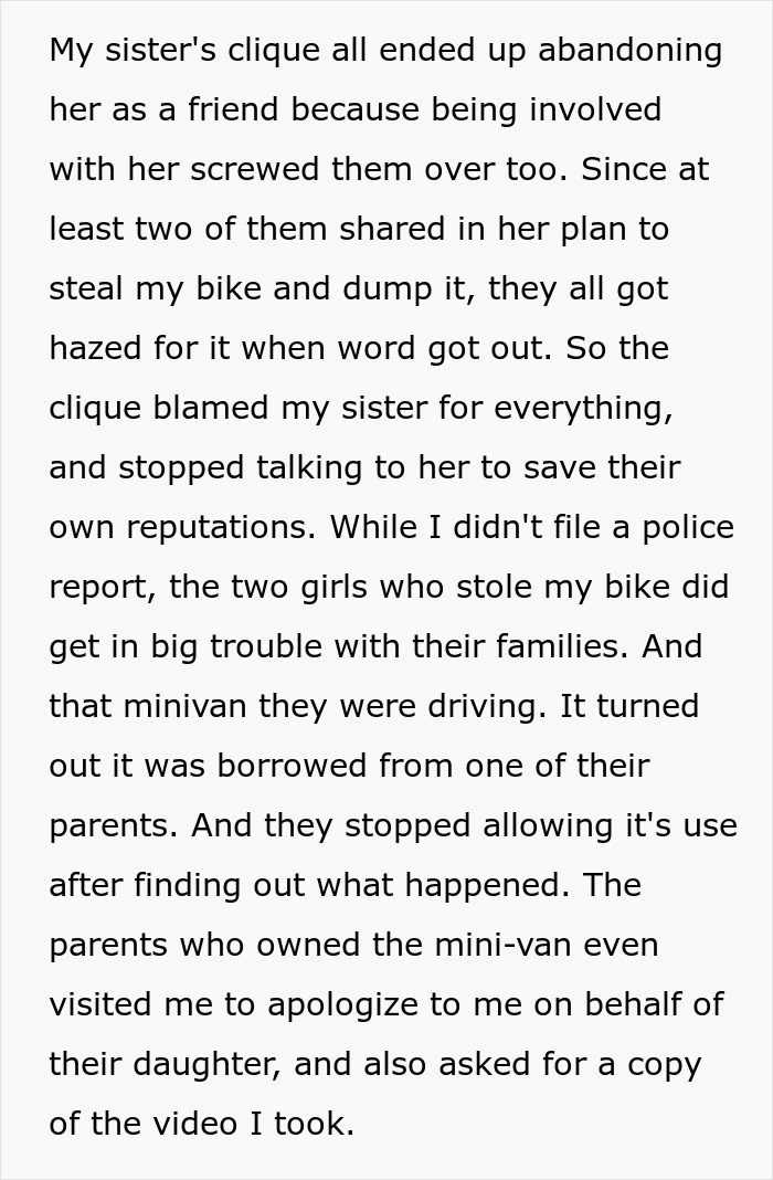 Text describing an incident involving a spoiled brat, bike theft, and a family apology.