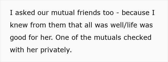 Text about mutual friends discussing a well-being check in a friend relationship.