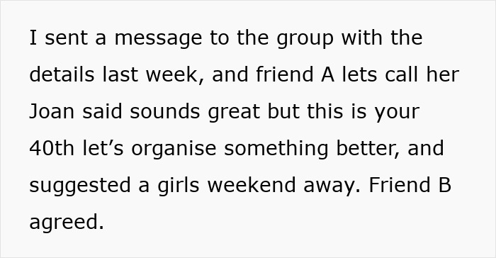 Text message about organizing a better 40th birthday plan with friends, suggesting a girls' weekend away.