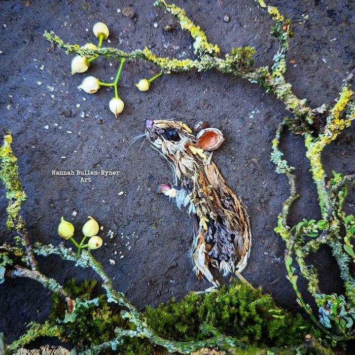 Animal portrait made from natural materials, featuring a mouse surrounded by leaves and buds, showcasing earth art creativity.