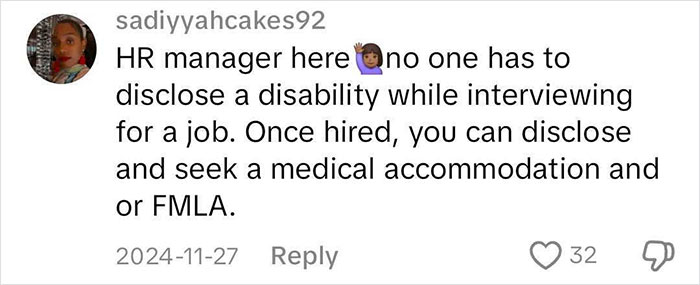 Comment discussing mental health and job accommodation, mentioning disability disclosure post-hiring.