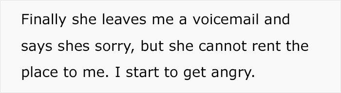 Text about a voicemail explaining why an apartment cannot be rented, highlighting a scam situation.