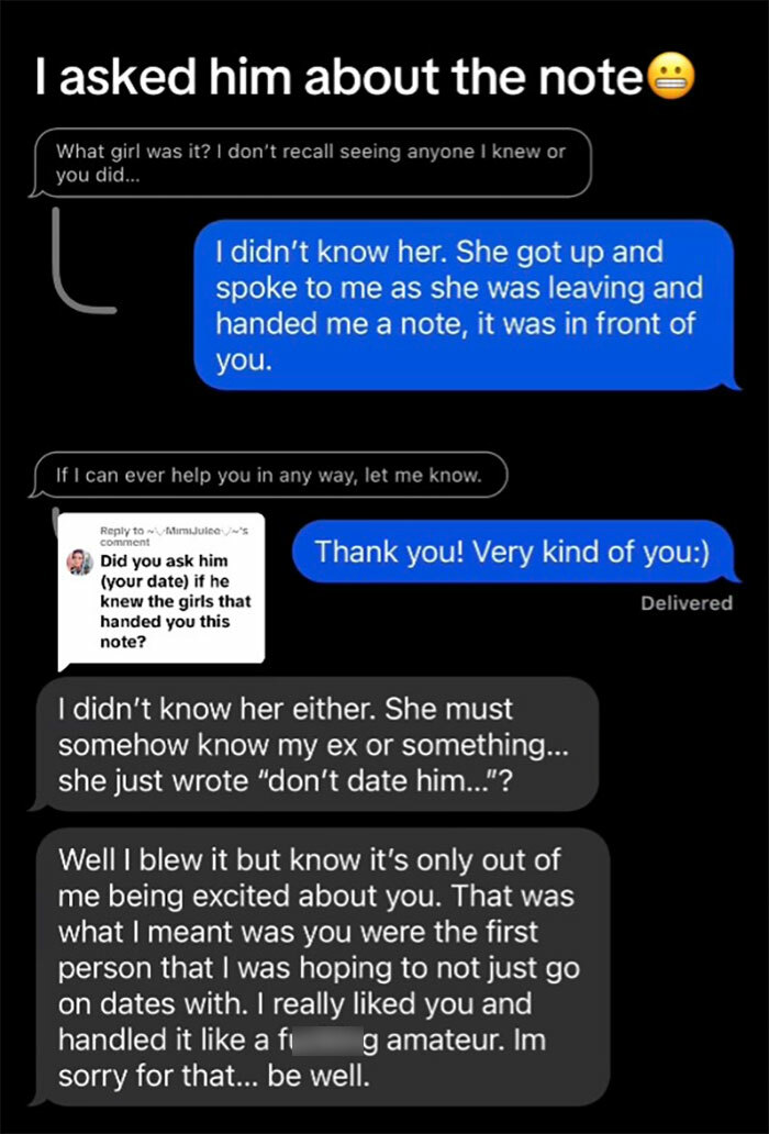 Text exchange about a mysterious note given to a woman on a date with a warning message.