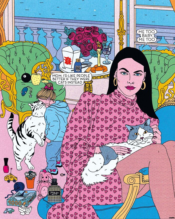 Vibrant illustration featuring a woman with cats, surrounded by humor and sarcasm in a colorful room setting.