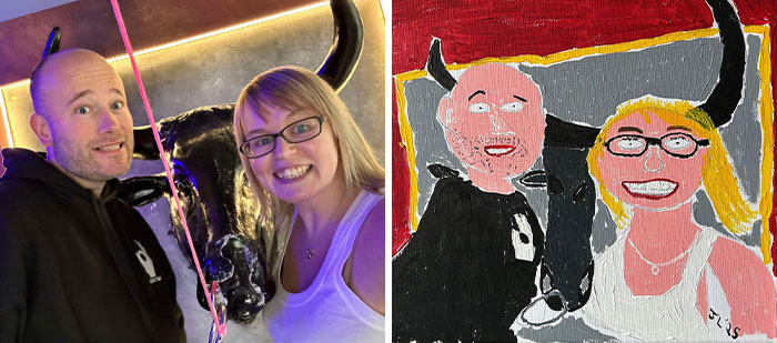 Man and woman smiling with a bull, alongside a colorful, stylized painting of them, illustrating viral art theme.