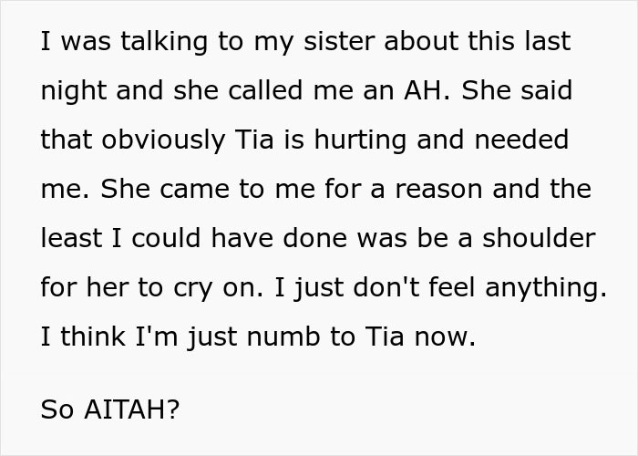 Text about emotions, advice, and family conflict, mentioning a conversation about Tia’s feelings and seeking support.