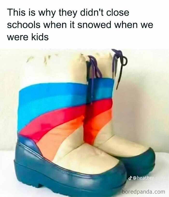 Colorful winter boots with text referencing Gen X childhood experiences in snowy weather.