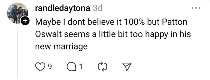 Social media comment hinting at a celebrity rumor about Patton Oswalt's happiness in marriage.