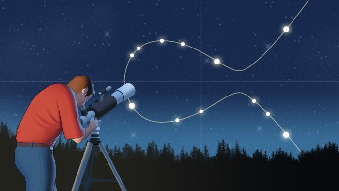 A person looking through a telescope at constellations, symbolizing reflection on political, social, and human topics.