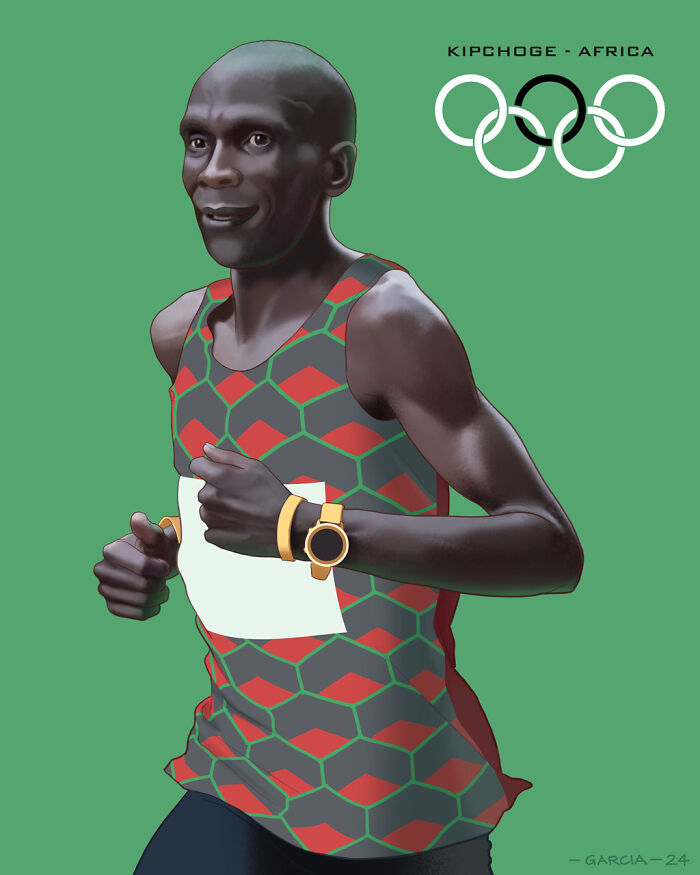 Illustration of a runner with geometric pattern shirt against green background, reflecting social and human topics in 2024.