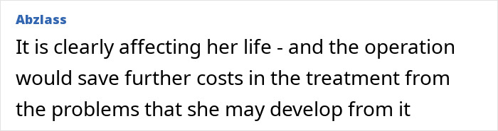 A comment discussing the impact of denied breast reduction on a 21-year-old's life and potential health cost savings.