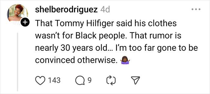 Comment discussing a celebrity rumor about Tommy Hilfiger not designing clothes for Black people, with engagement icons below.