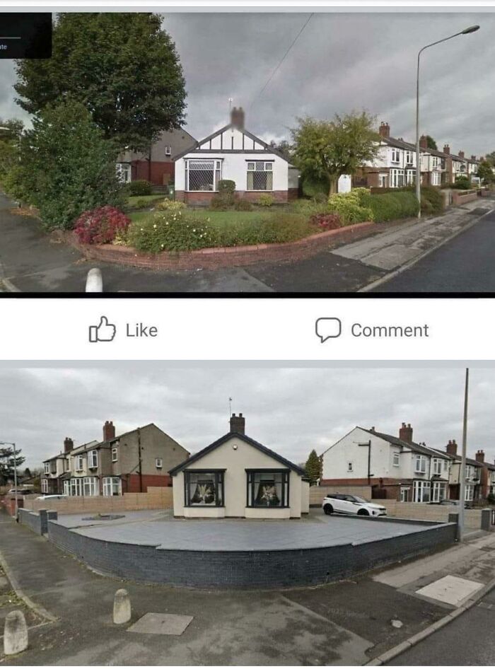 Urban hell: two contrasting street views; first lush with greenery, second barren with concrete surroundings.