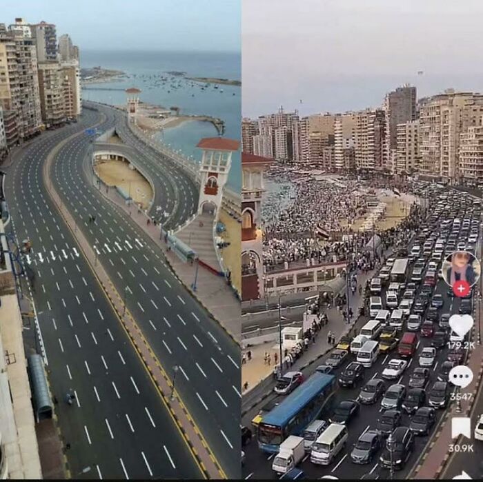 Urban hell example: split image of empty highway and dense traffic jam with crowded beach in background.