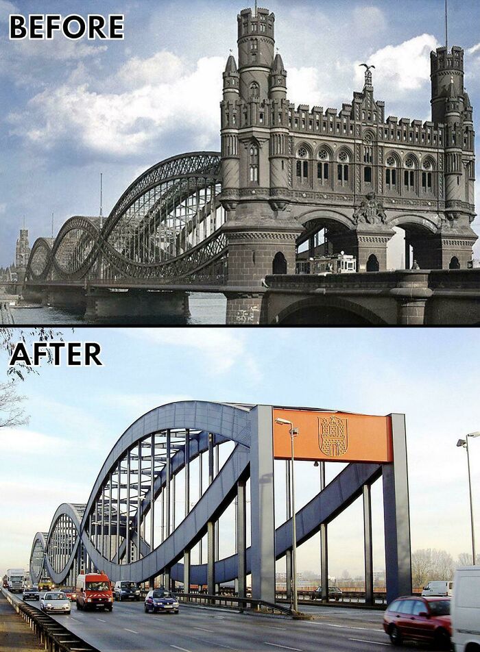 "Urban Hell example: a historical bridge transformed into a modern automotive structure, before and after images."