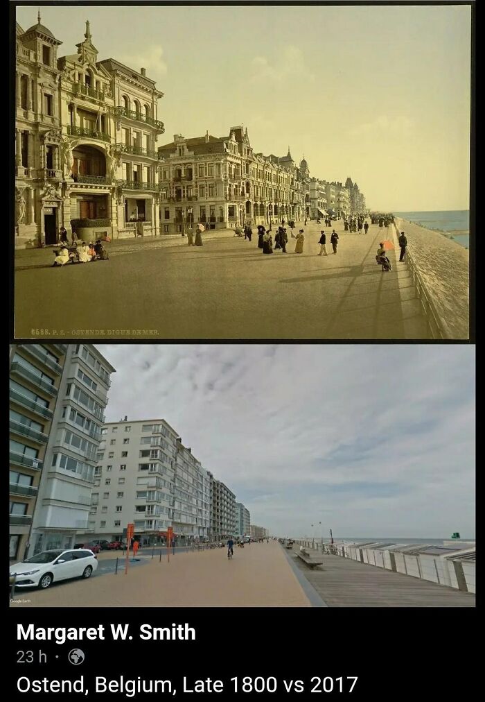 Urban hell transformation: Ostend, Belgium, late 1800s vs 2017 shows drastic architectural changes along the coastline.