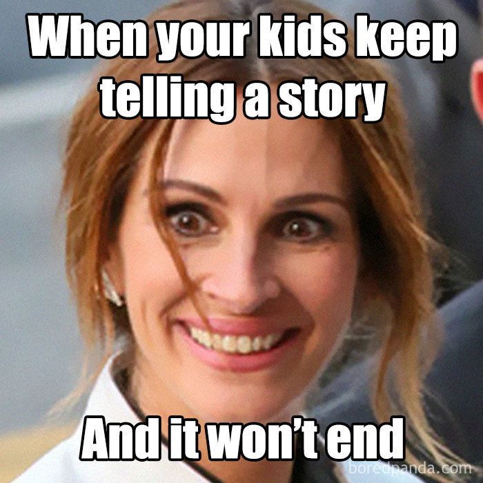 Woman smiling widely with caption about kids telling endless stories; funny moms moment.