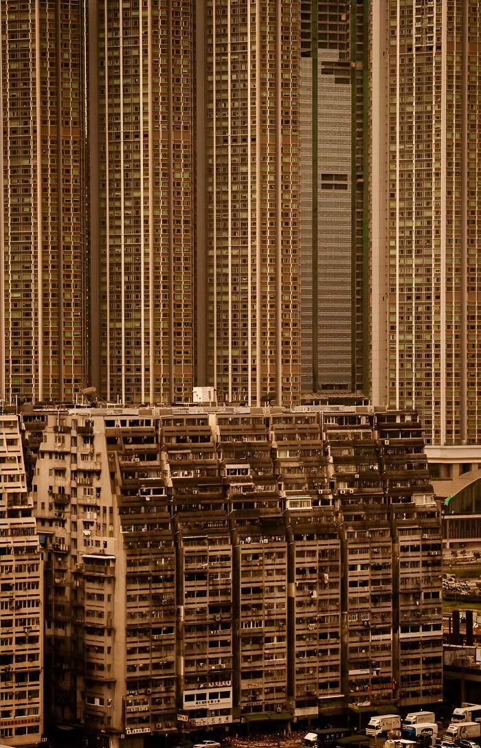 High-rise residential buildings illustrate an example of urban hell with dense and grim architecture.