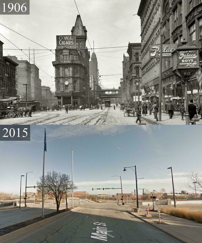 Historical transformation in urban hell: busy street in 1906 vs empty road in 2015, showcasing dramatic urban change.