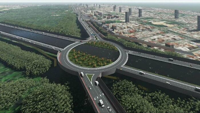 A surreal urban road network with a circular overpass and dense traffic surrounded by greenery.