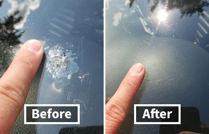 Before and after product results on scratched surface, highlighting minimal effort and maximum results.