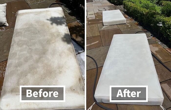 Dirty outdoor cushion before cleaning, then spotless and bright after minimal effort results.