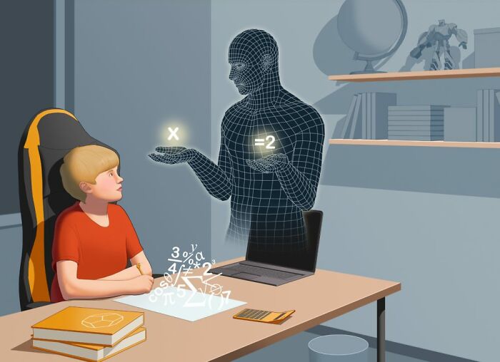 Boy learning math with hologram in futuristic educational setting, reflecting on 2024 social and human advancements.