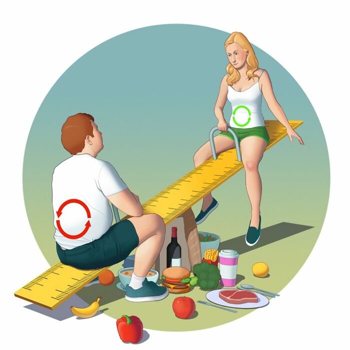 Illustration of two people on a seesaw, surrounded by diverse foods, depicting social and human topics.