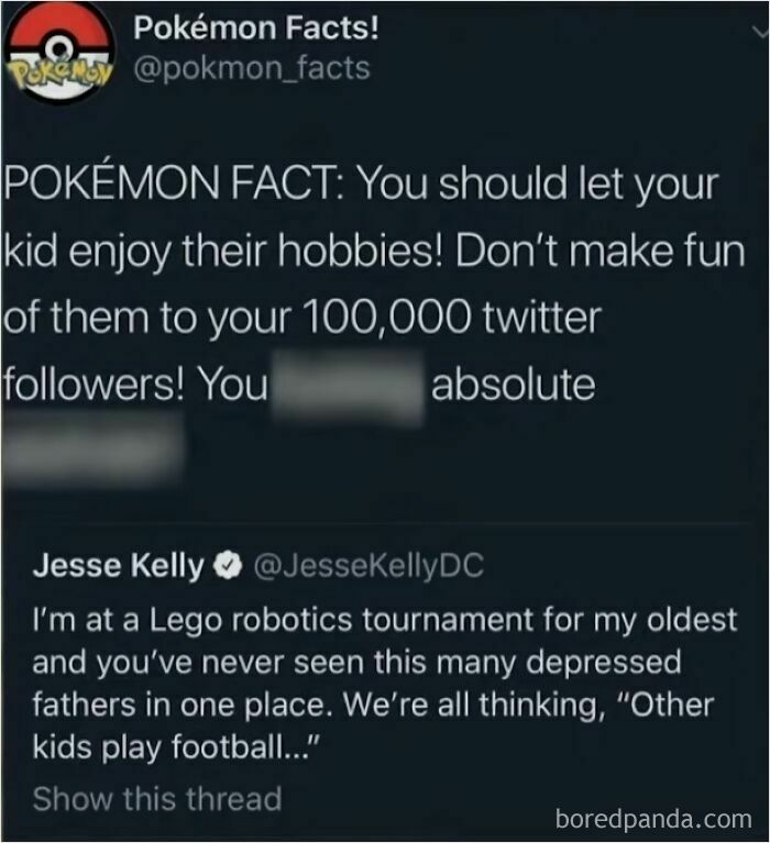 Pokémon fact tweet humorously criticizing a father's social media post about a robotics tournament.