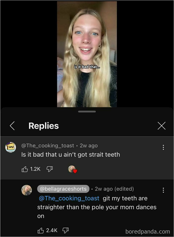 Screenshot of a humorous roast exchange in a video comment section about teeth.