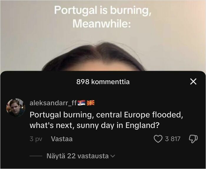 "Funny People Roasts: Screenshot with humorous comment about weather events in Portugal and Europe."