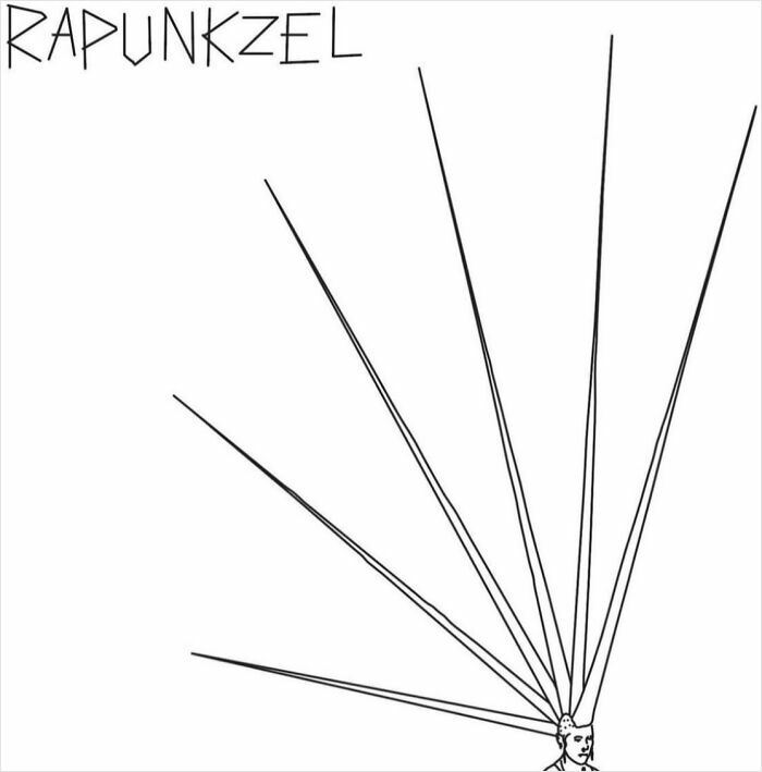 Minimalist comic by Adam Douglas Thompson, titled "Rapunkzel," humorously illustrating hair-like lines extending outward.