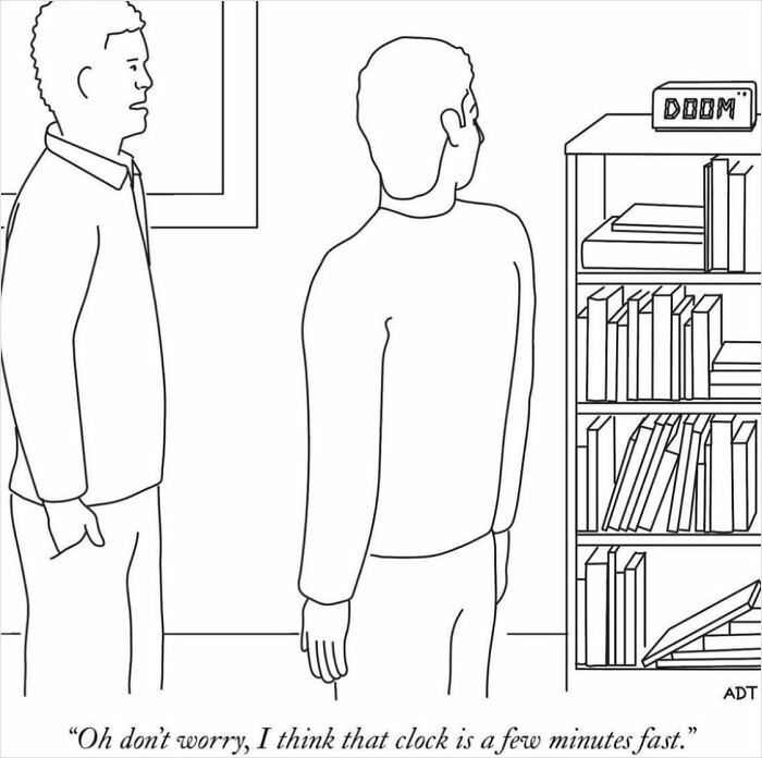 Two men observe a bookshelf with a clock labeled "DOOM" in a humorous one-panel comic by Adam Douglas Thompson.