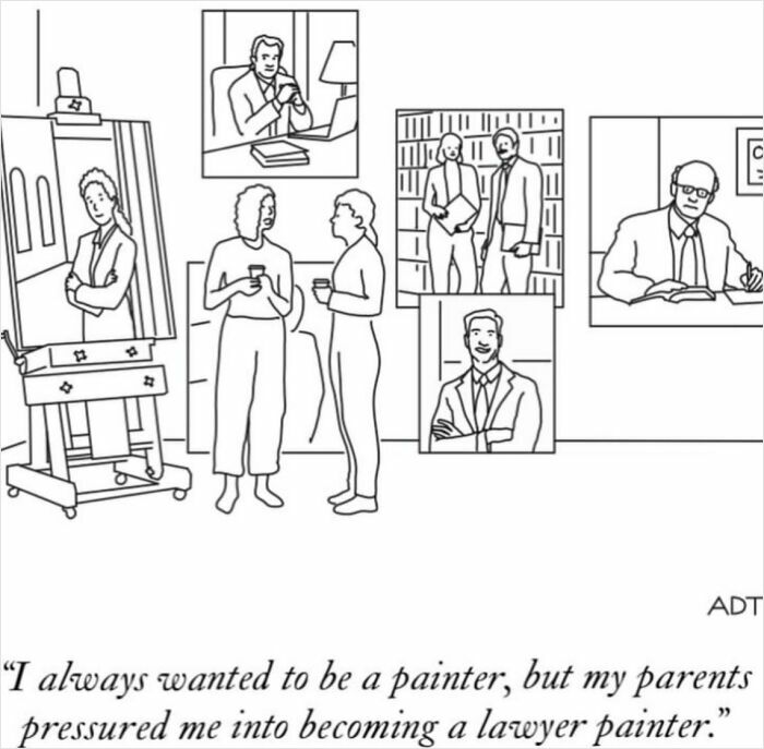 Comic by Adam Douglas Thompson showing a person aiming to be a painter, talking about becoming a lawyer instead.