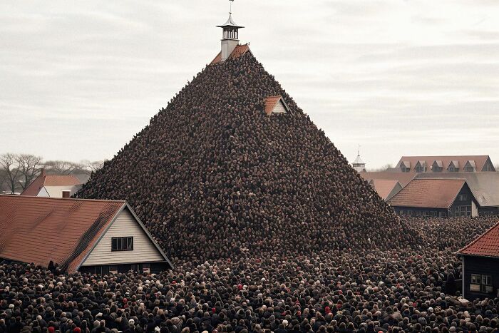 A crowd gathered around a pyramid-like structure, conveying the symphonic chaos of modernity.