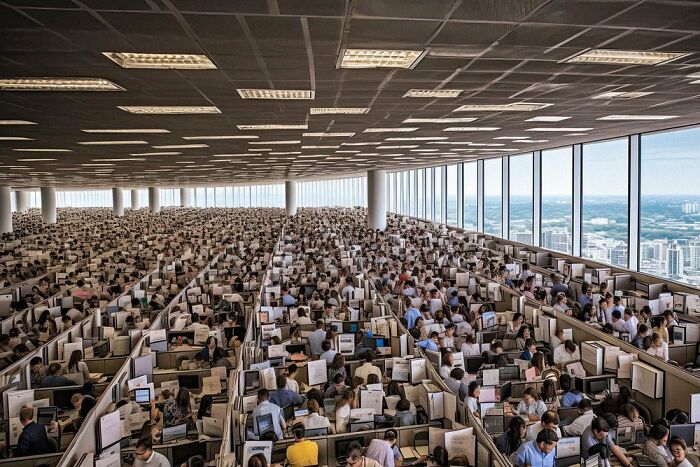 Crowded office space symbolizing the symphonic chaos of modernity, with rows of employees working in cubicles.