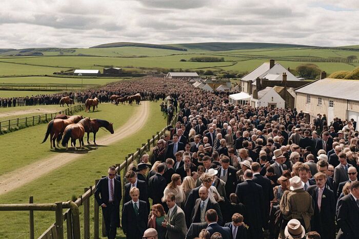 A large crowd on a rural path with horses grazing nearby, illustrating symphonic chaos and modernity.