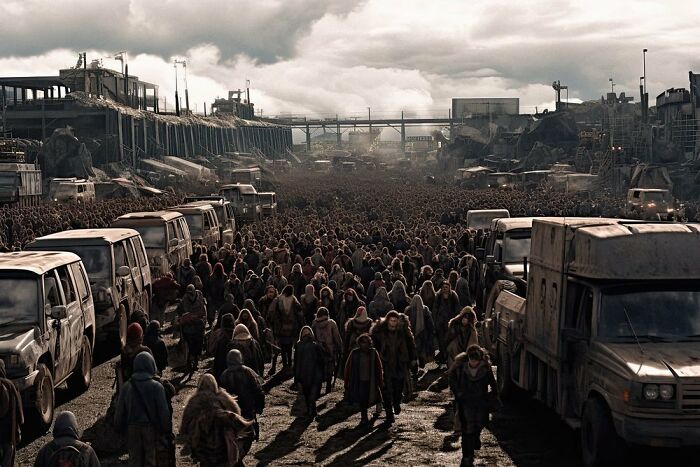 A vast crowd moving through an industrial landscape, illustrating the symphonic chaos of modernity.