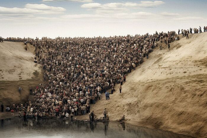 Crowd of people gathered on sandy slopes by a small lake, symbolizing the symphonic chaos of modernity.