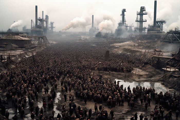 A vast crowd in an industrial landscape, illustrating the symphonic chaos of modernity with smokestacks in the background.