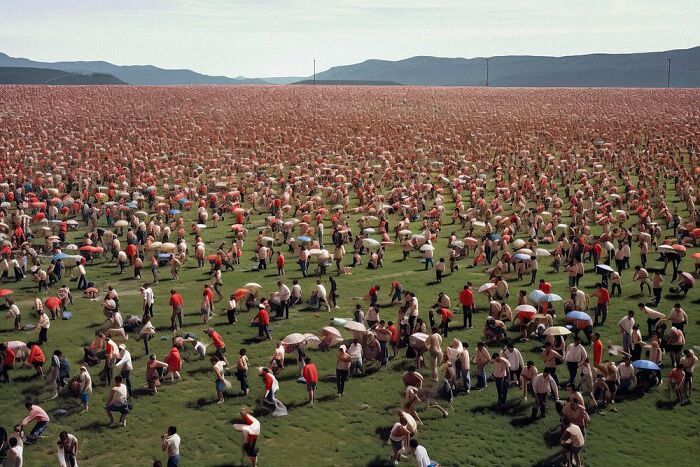 A vast crowd with umbrellas on green field illustrating the symphonic chaos of modernity.