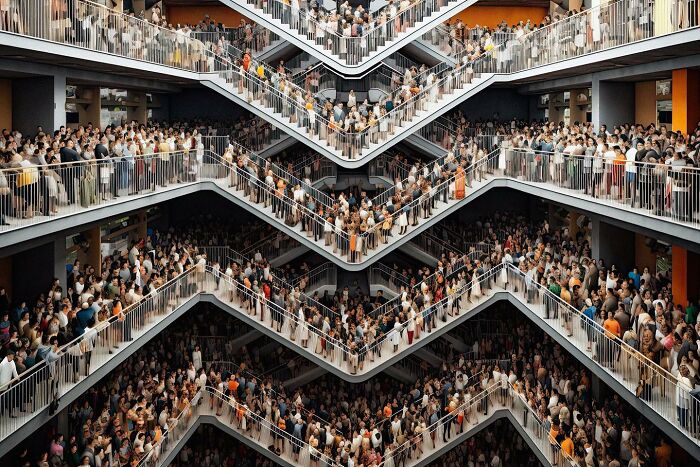 Crowds navigate a complex, zigzagging staircase, embodying the symphonic chaos of modernity in architecture.