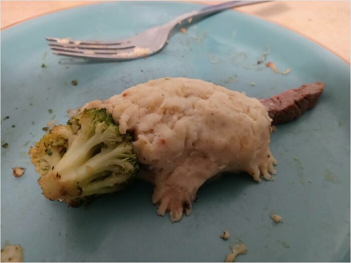 Unhinged food creation resembling a rat on a blue plate with broccoli and mashed potatoes.