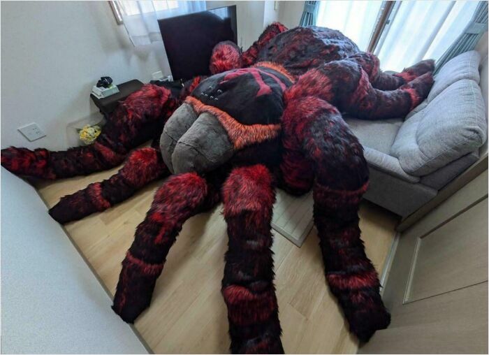 Giant stuffed spider occupying an entire room, showcasing absolute-units-things.