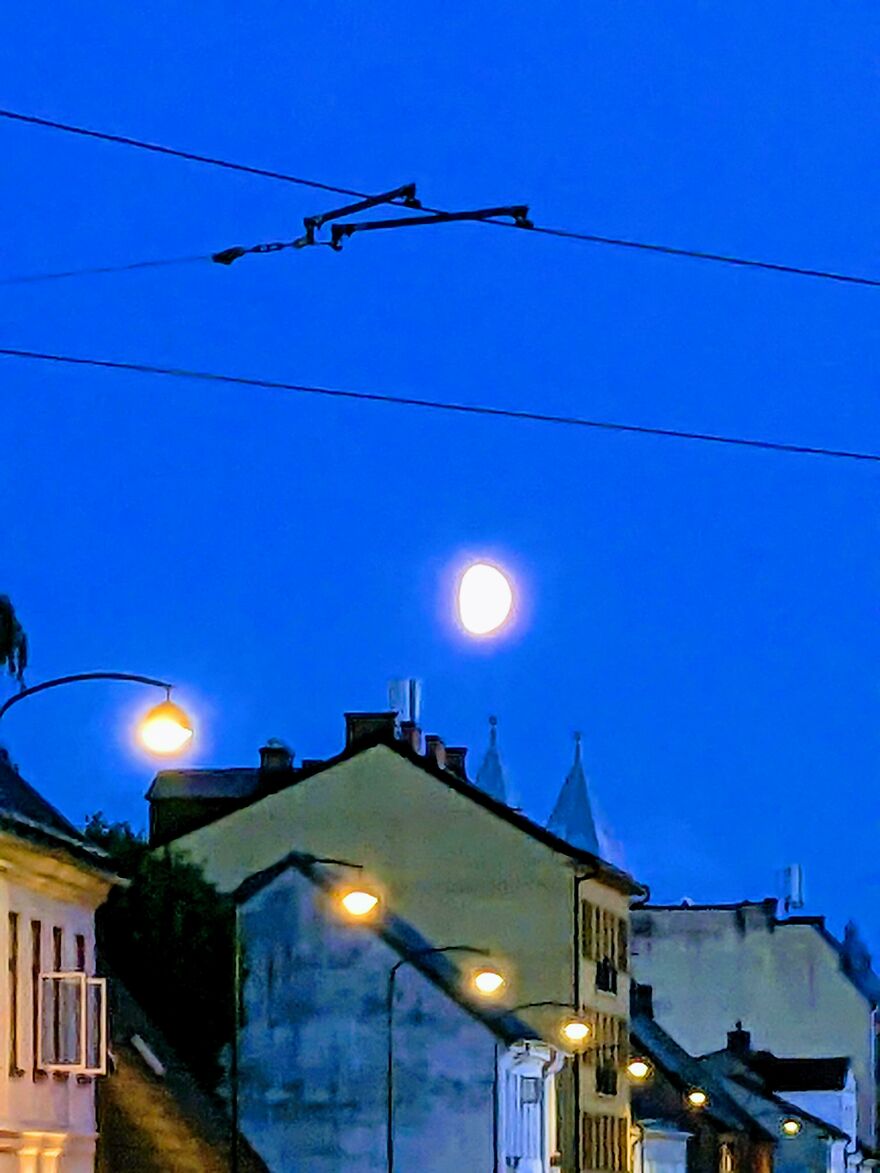 Street lights and a moon create an accidental art scene against a blue evening sky.