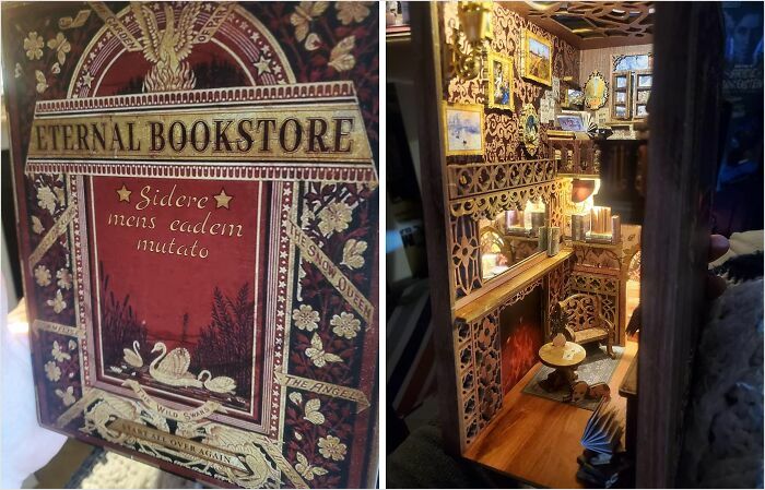 Miniature bookstore diorama with intricate decorations, showcasing a cozy and creative new hobby for 2025.