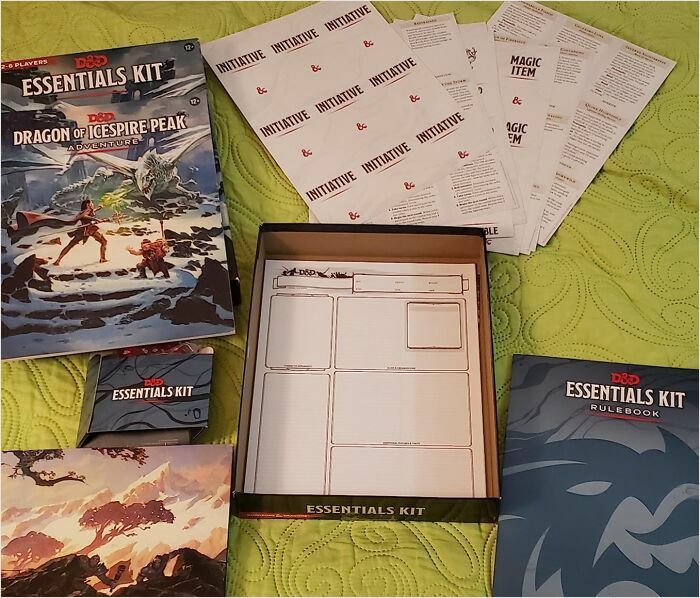 D&D Essentials Kit with guides and sheets on a green background, representing new hobbies 2025.