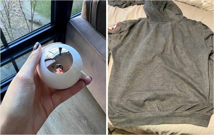 Compact travel mirror held in hand and a cozy gray hoodie on a bed, perfect for traveling light and smart.