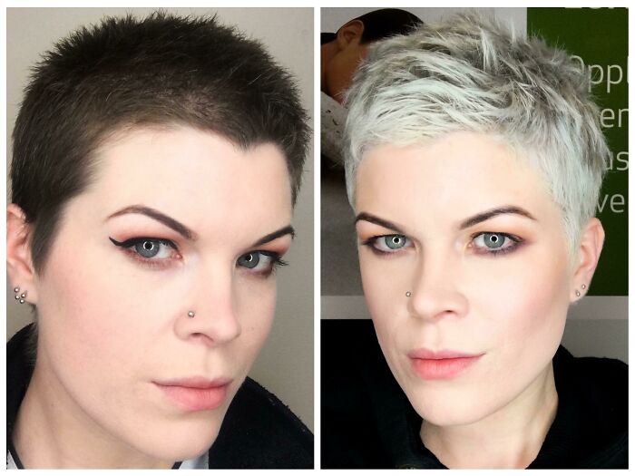 Person with short changing hair color from dark to light, showcasing transformation.